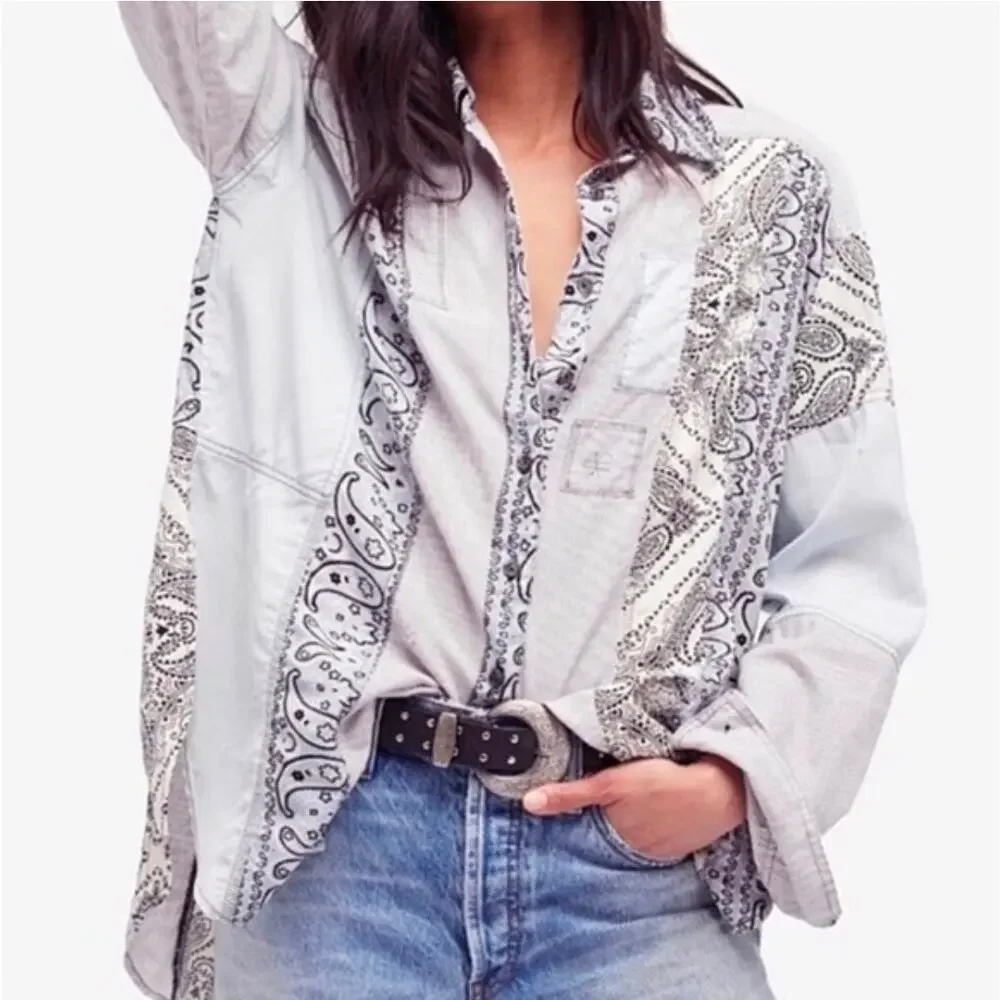 Free People Blue Distressed Patchwork Shirt